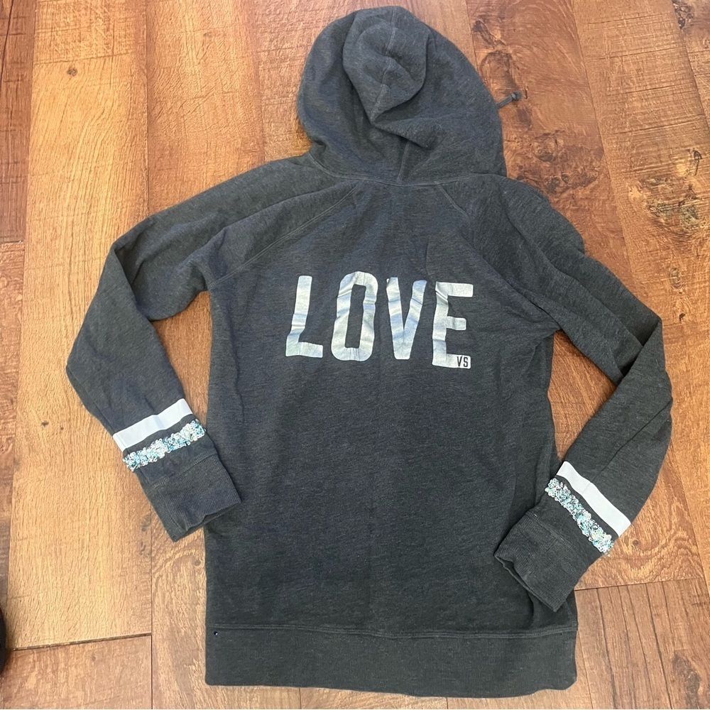 Victoria’s Secret LOVE sequin accented hoodie Sz small gray pocket drawstring